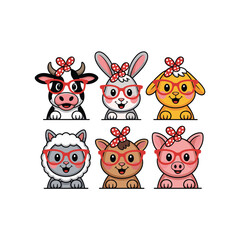 Cute Farm Animals Cartoon Set – Cow, Rabbit, Sheep, Goat, Pig with Glasses and Bows Vector