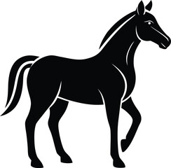 Black silhouette of a walking horse with white accents on a white background animal