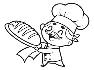 Cute cartoon chef holding loaf of bread with mustache and hat outlined clipart line art illustration for a children's coloring book