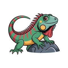 Green Iguana Cartoon Vector – Colorful Lizard Standing on Rock Illustration