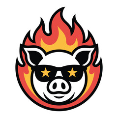 Cartoon logo of a pig head with sunglasses surrounded by red and orange flames on black background in modern edgy style