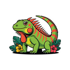 Colorful Iguana Cartoon Vector – Green Lizard with Tropical Flowers and Leaves Illustration