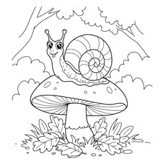 Smiling snail on mushroom surrounded by forest plants on a white background. EPS 10.