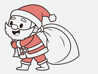 Cute cartoon Santa Claus holding big gift bag outlined Christmas coloring page illustration line art illustration for a children's coloring book