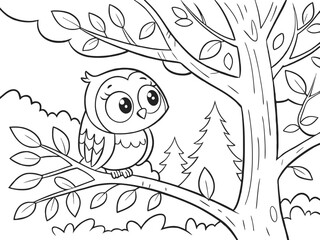 cute kind owl sitting on the tree in the forest line art illustration for a children's coloring book