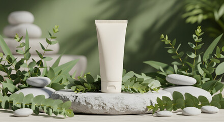 skincare cream tube on a stone pedestal with plants