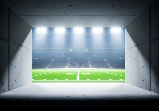 Generic modern sports arena with lush green turf. Symmetrical view of empty seats under a dramatic blue sky. No people, stadium architecture.