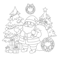 Santa Claus with gifts and Christmas tree on a white background. EPS 10.