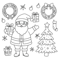 Santa Claus with gifts and Christmas tree on a white background. EPS 10.