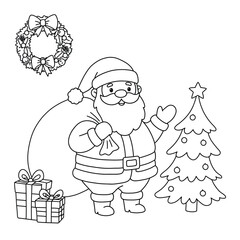 Santa Claus with gifts and Christmas tree on a white background. EPS 10.