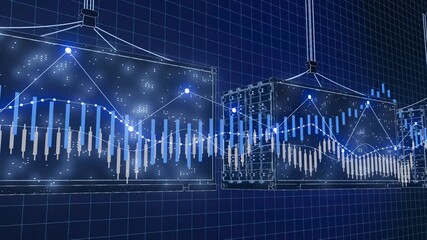Two large shipping containers on blue background with financial growth graphs.. - Powered by Adobe