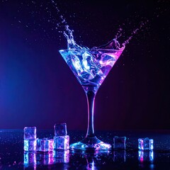 Martini Glass Splashing with Ice Cubes in Neon Lighting A Vibrant and Refreshing Visual Treat for the Senses