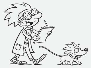 Funny cartoon scientist holding clipboard with small dog companion outlined vector illustration line art illustration for a children's coloring book