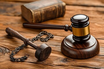 Justice scales and gavel on rustic wooden table, symbolic representation of law and order