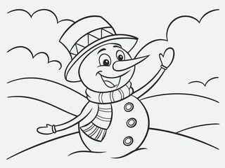Happy cartoon snowman wearing hat and scarf waving hand outlined winter design line art illustration for a children's coloring book