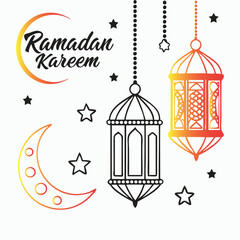 Ramadan Kareem Greeting with Hanging Lanterns, Stars, and Crescent Moon