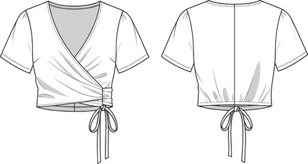 Cad drawing flat vector illustration of stylish short sleeve wrap crop top with front tie detail fashion technical sketch template design