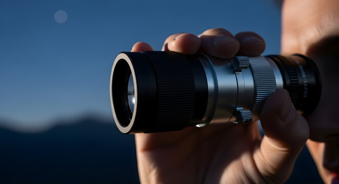 Man using a monocular against a blurred landscape background.