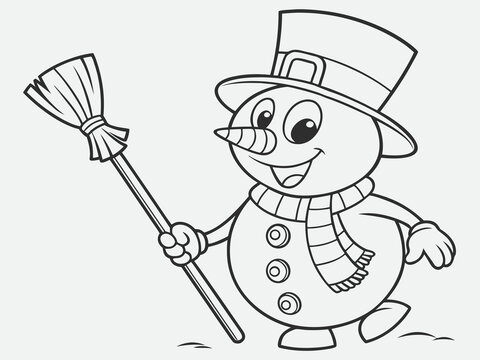 Happy cartoon snowman with top hat cane and broom outlined winter holiday illustration line art illustration for a children's coloring book