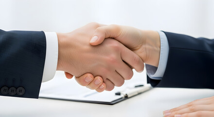 Obraz premium Business handshake between man and woman over a white table.