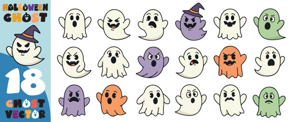 Collection of 18 cute and spooky cartoon ghosts with various expressions and halloween hats for festive decoration and design elements