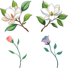 Set of floral elements. Romantic flower collection with flowers, twigs, leaves, herbs and berries. Vector design isolated on white background.
