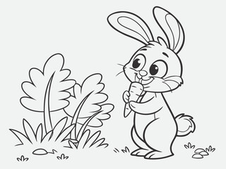 Little cute rabbit stands and holds carrot in the hands line art illustration for a children's coloring book