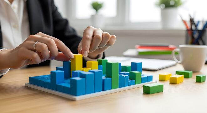Businesswoman building a 3D bar chart with colorful blocks - Powered by Adobe