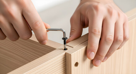 Assembling light wood furniture with an Allen wrench and screw.