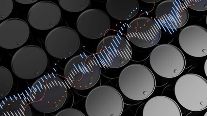 Black steel barrels for crude oil, stock market charts and statistics on blue backdrop.. - Powered by Adobe