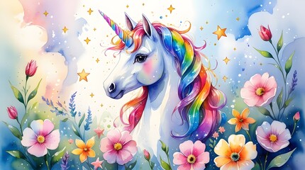 Watercolor painting of a magical unicorn with shimmering rainbow effects