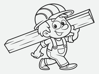 Silly cartoon construction worker character holding wooden plank outlined black and white design line art illustration for a children's coloring book