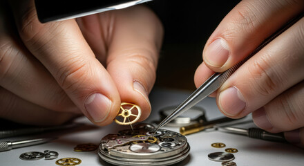 Close-Up Precision Watch Repair: A Detailed Look at a Watchmaker's Craftsmanship, Assembling Intricate Gears with Tweezers Under Magnifying Glass for Timepiece Restoration