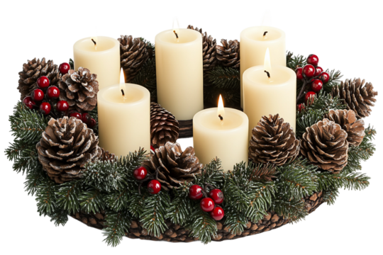 Advent wreath adorned with candle centerpiece isolated on transparent background