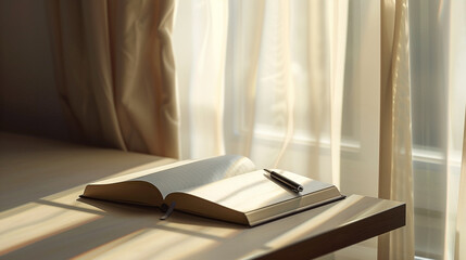 Open journal with pen on a table in sunlight offering a peaceful atmosphere perfect for reflection