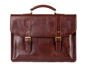 Sophisticated leather briefcase in a rich, warm brown hue is presented against a stark black backdrop, showcasing its textured surface, stitched details, and elegant brass hardware, suggesting...