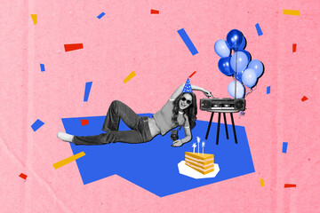 Template sketch collage of guest wish birthday advert event young lady funny smile drink cocktail...