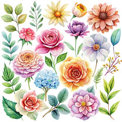 Watercolor floral arrangement with various blooming flowers and lush green leaves
