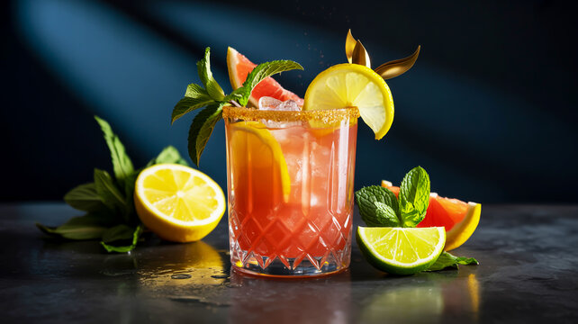 Vibrant Pink Cocktail with Citrus Garnishes and Sugar Rim on a Dark Surface drink beverage - Powered by Adobe