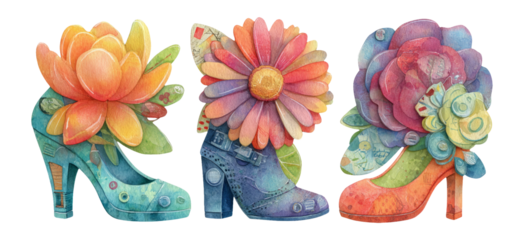 Colorful Artistic Footwear Designs Featuring Floral Elements on Transparent Background
