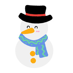A cartoon snowman wearing a blue scarf and a black hat