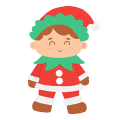 A cartoon elf is wearing a red hat and green outfit
