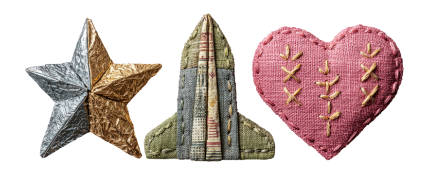 Colorful Fabric Shapes of Star, Rocket, and Heart Isolated on Transparent Background