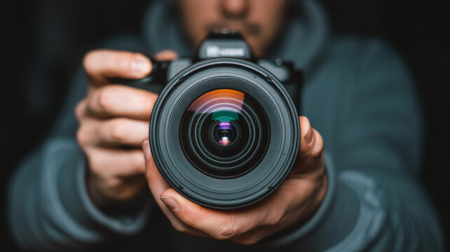 Photographer holding a camera with a large lens in front of him, ready to take a picture in the studio  - Powered by Adobe