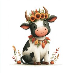 Cute Cartoon Cow with Floral Crown Surrounded by Autumn Leaves and Pumpkins
