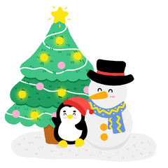 A penguin and a snowman are standing in front of a Christmas tree