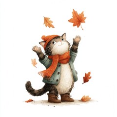 Happy Cat in Autumn Attire Playing with Falling Leaves in a Cozy Setting