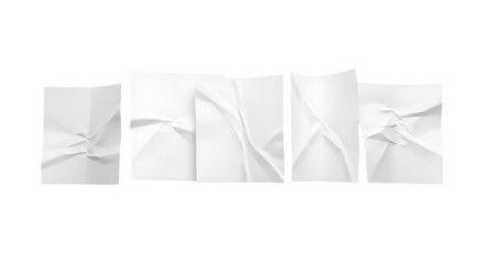 Set of crumpled white paper sheets with folds isolated on transparent background