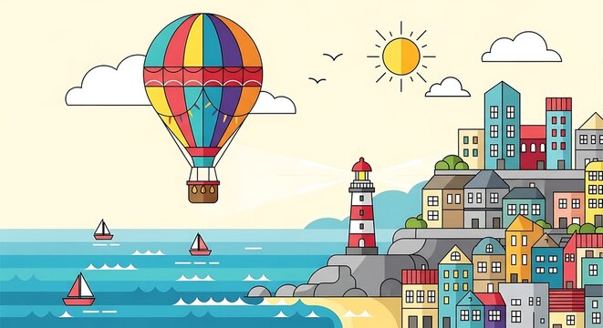 vector illustration of a city with colorful balloons
