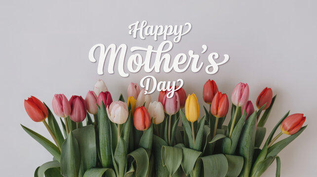 A beautiful bouquet of colorful tulips with happy mothers day text isolated on white background  - Powered by Adobe